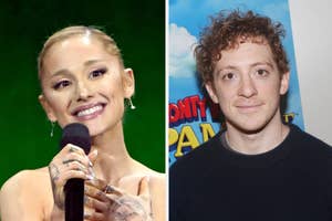 Ariana Grande smiles holding a microphone, showcasing tattoos on her hand. Ethan Slater poses in front of a movie poster, wearing a black shirt