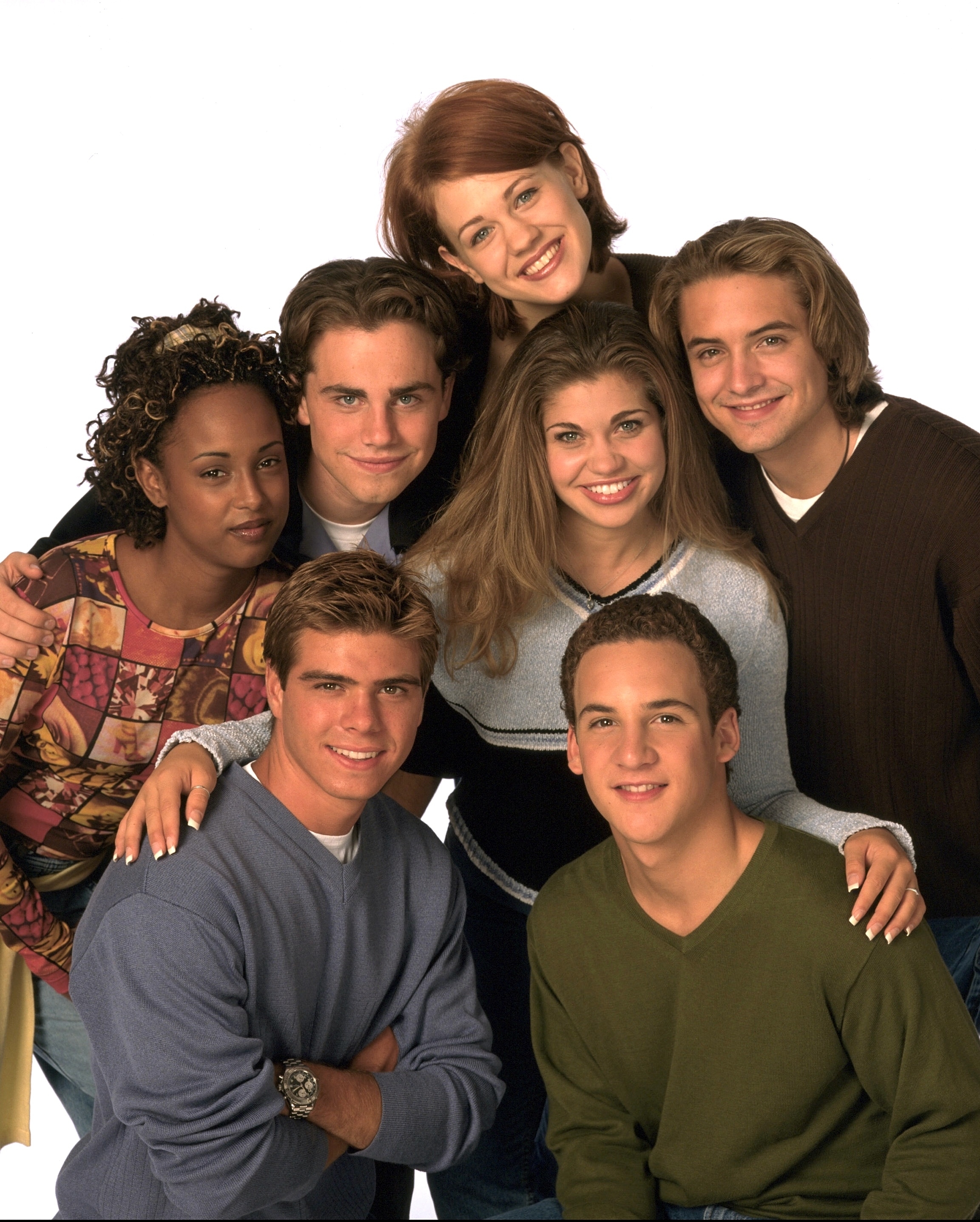 Group photo of &quot;Boy Meets World&quot; cast: Trina McGee, Will Friedle, Rider Strong, Danielle Fishel, Matthew Lawrence, Maitland Ward, Ben Savage. They are smiling together