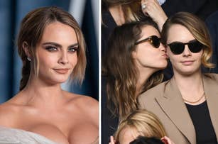 Cara Delevingne poses on the red carpet; in another photo, Ashley Benson kisses her on the cheek