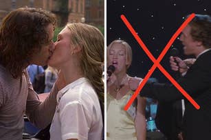 Heath Ledger and Julia Stiles kissing in a scene from "10 Things I Hate About You" on the left; a red "X" over a man singing with a woman on the right