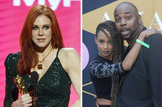 Two images of celebrities: one shows a person holding an award and wearing a shimmering dress; the other shows two individuals posing, one with long braided hair