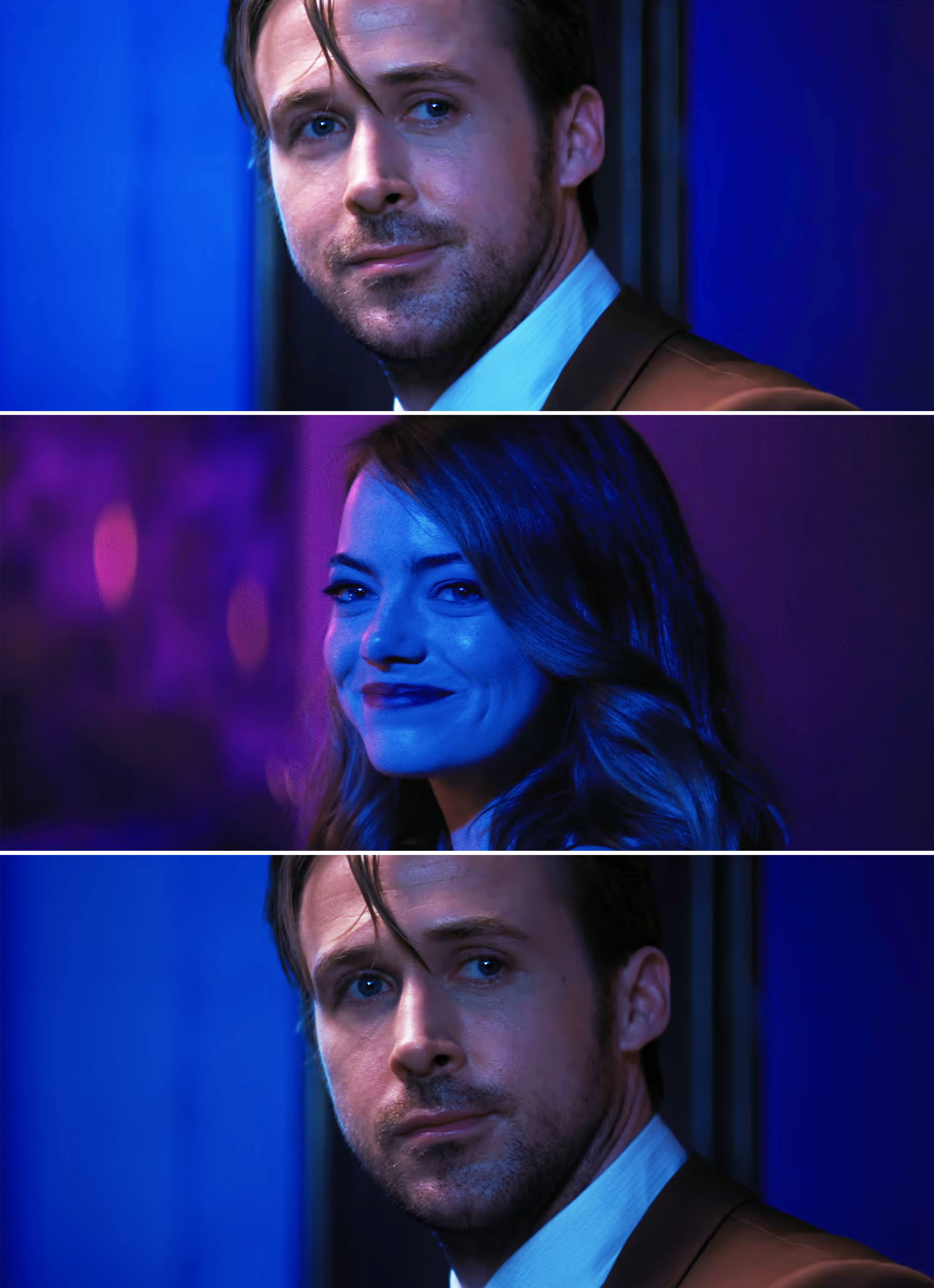 Ryan Gosling and Emma Stone in three closely cropped scenes from a movie. They both appear to be in a serious conversation