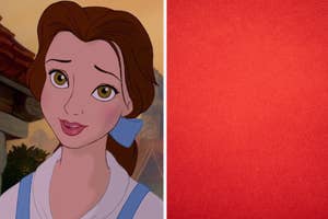 Belle from Beauty and the Beast looks softly at the viewer, with a plain red background on the right side of the image