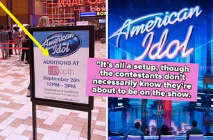 Left side: Sign for American Idol auditions on September 26th, 12 PM - 3 PM at 'BBooth' in a mall. Right side: Three people standing on the American Idol stage. Names not provided