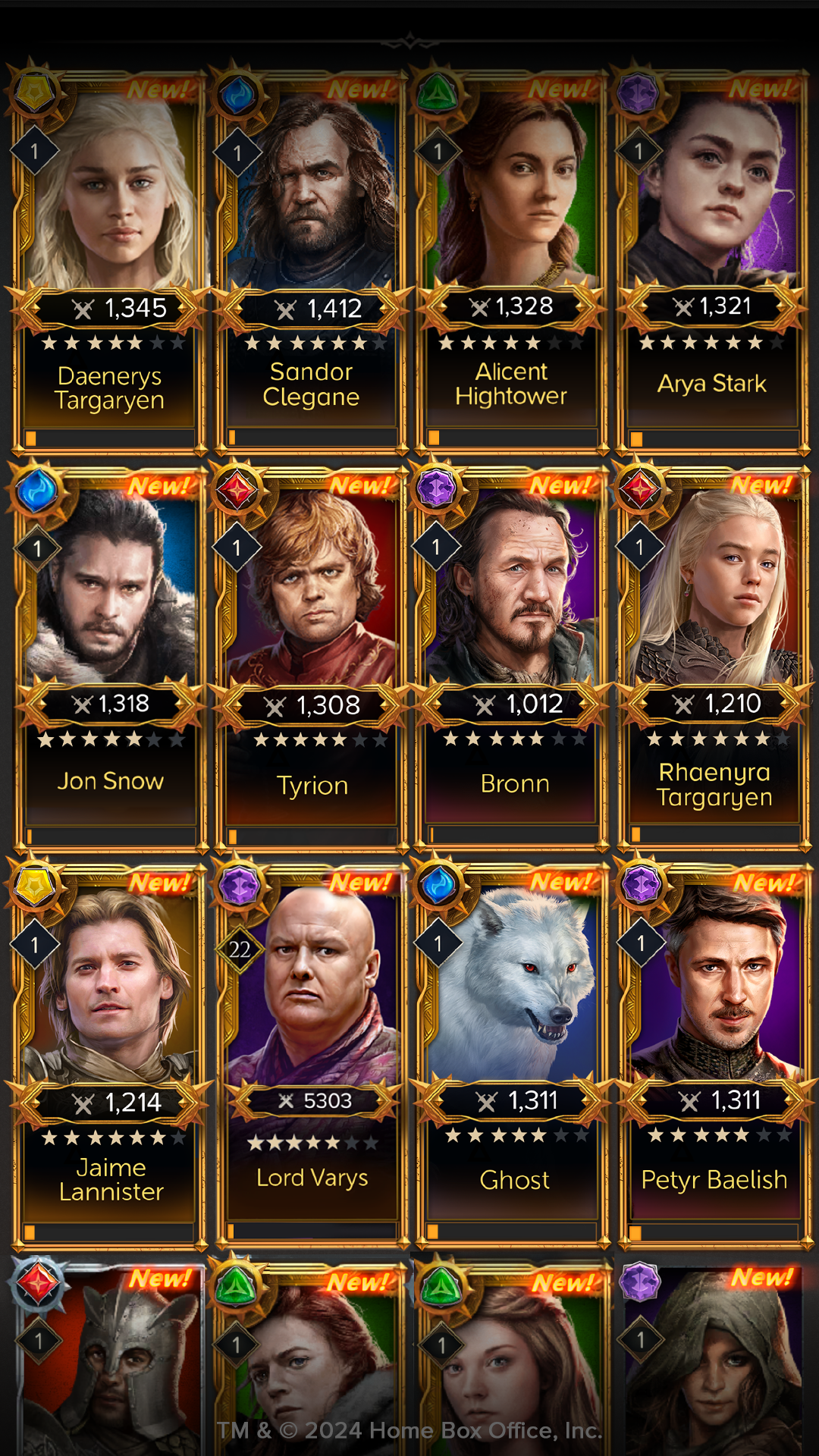 Image showing character cards from a game featuring Adaenerys Targaryen, Sandor Clegane, Alicent Hightower, Arya Stark, Jon Snow, Tyrion, Bron, Rhaenyra Targaryen, Jaime Lannister, Lord Varys, Ghost, and Petyr Baelish
