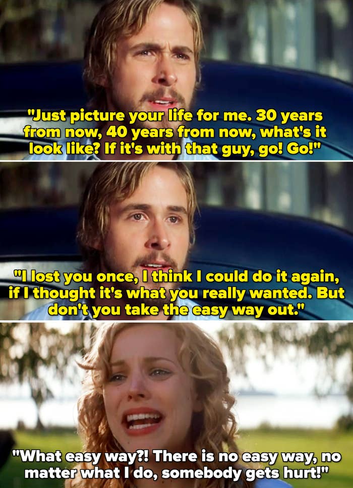 Three stills from "The Notebook" showing Ryan Gosling and Rachel McAdams in an emotional confrontation scene