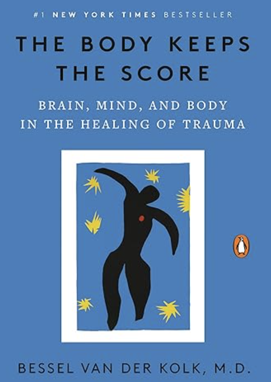 Cover of &quot;The Body Keeps the Score&quot; by Bessel Van Der Kolk, M.D. Features a black abstract figure against a blue background, with yellow shapes and an orange penguin logo