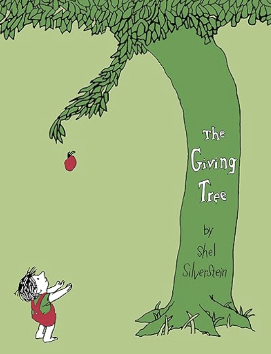 Cover image of the book &quot;The Giving Tree&quot; by Shel Silverstein. The illustration shows a child reaching for an apple from a tree