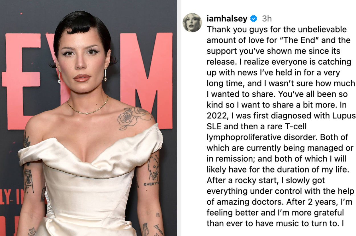 Halsey at an event, wearing a strapless dress, sharing on Instagram their health journey with Lupus and cancer, expressing gratitude for support and improving health