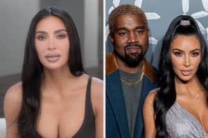 Left: Kim Kardashian with long hair, wearing a sleeveless top. Right: Kanye West and Kim Kardashian on the red carpet, Kim in a sparkly dress