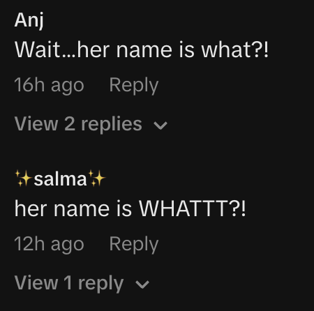 Screenshot of two Instagram comments. Anj: "Wait…her name is what?!" Salma: "her name is WHATTT?!"