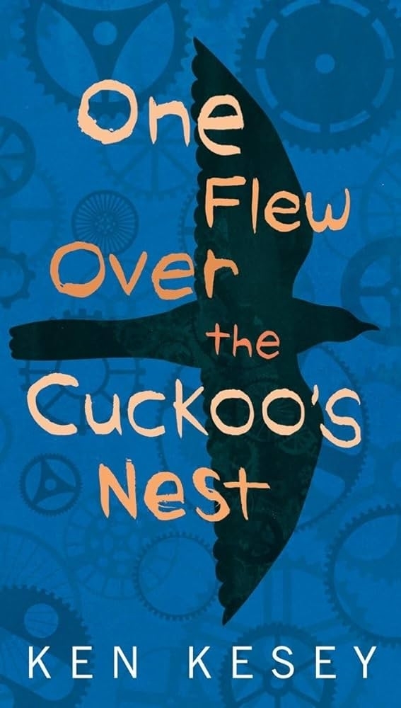 Book cover of &quot;One Flew Over the Cuckoo&#x27;s Nest&quot; by Ken Kesey, featuring a bird silhouette and clock gears in the background