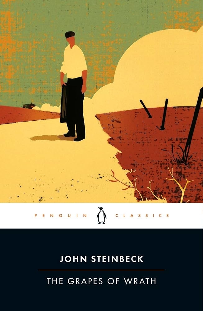 Book cover of John Steinbeck&#x27;s &quot;The Grapes of Wrath&quot; featuring an illustration of a man standing on a rural road, with fields and fences in the background