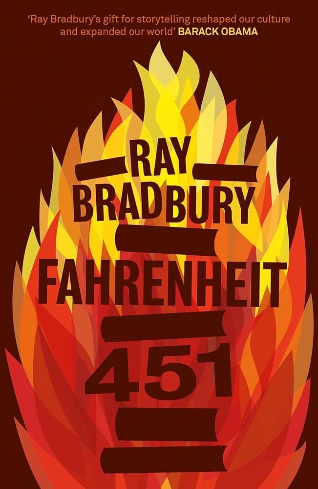 Cover of &quot;Fahrenheit 451&quot; by Ray Bradbury, featuring a quote by Barack Obama, with a flame graphic in the background