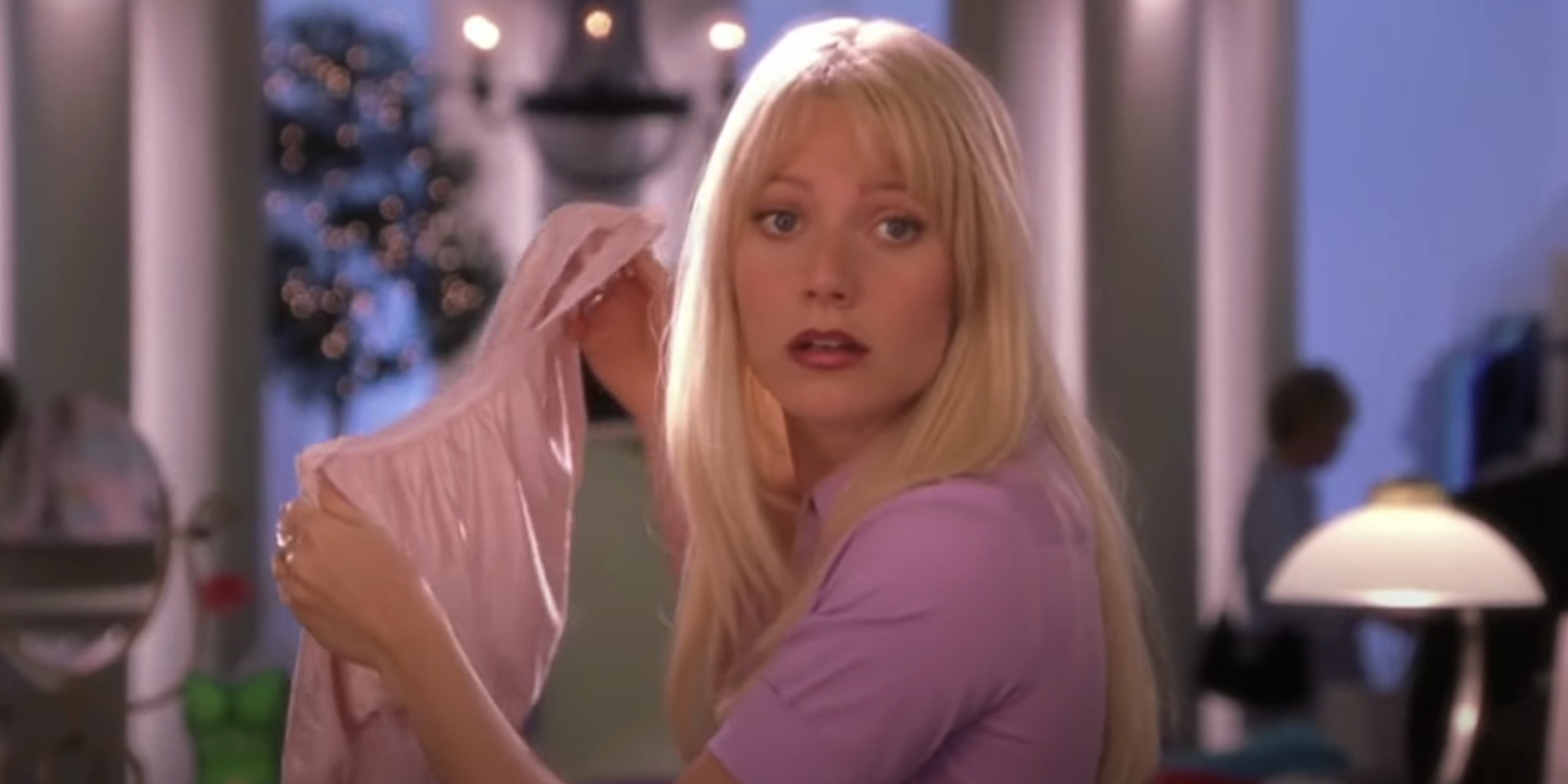Gwyneth Paltrow holds pink underwear, looking surprised, in a scene from &quot;Shallow Hal&quot;