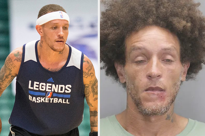 Delonte West, in a "Legends Basketball" jersey and headband, dribbles a basketball on a court