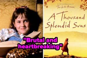 Mara Wilson reading a book next to the cover of "A Thousand Splendid Suns" with the quote "Brutal and heartbreaking" highlighted below