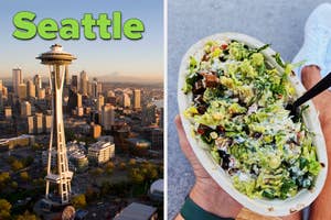 The image shows the Space Needle and downtown Seattle on the left, and a person holding a bowl of mixed food with a fork on the right. The word "Seattle" is at the top