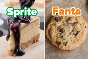On the left, a slice of cheesecake with a blueberry topping labeled Sprite, and on the right, a chocolate chip cookie labeled Fanta