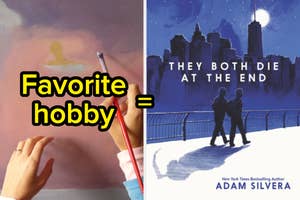 A person painting with a brush on the left, compared with the book cover of "They Both Die at the End" by Adam Silvera on the right