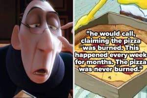 On the left, an animated character from "Ratatouille" in glasses looks disapproving. On the right, a comic-style illustration with a pizza and text describing weekly false claims of burnt pizza