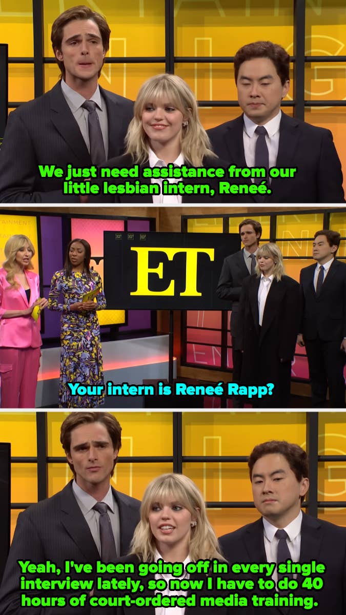 Jacob Elordi, Heidi Gardner, Ego Nwodim, and Bowen Yang on &quot;Saturday Night Live&quot; in a sketch featuring a joke about Reneé Rapp as an intern