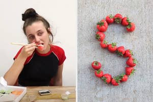 On the left, Emma Chamberlain eating sushi, and on the right, strawberries arranged in the letter S