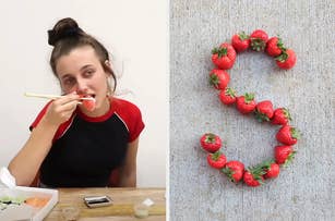 On the left, Emma Chamberlain eating sushi, and on the right, strawberries arranged in the letter S