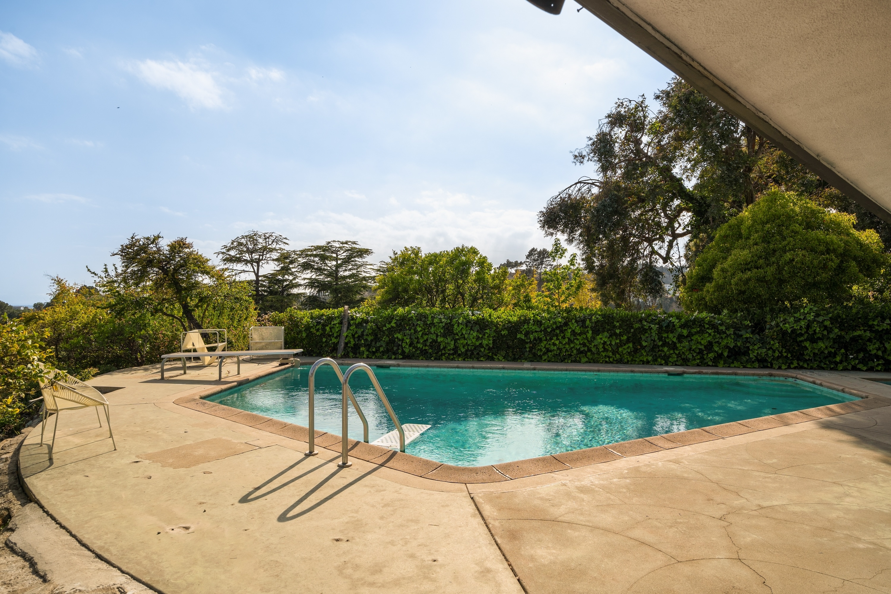 A serene, empty backyard pool surrounded by trees and hedges on a sunny day