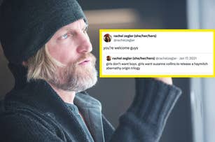 Haymitch in The Hunger Games movie vs a tweet by Rachel Zegler about a Haymitch prequel