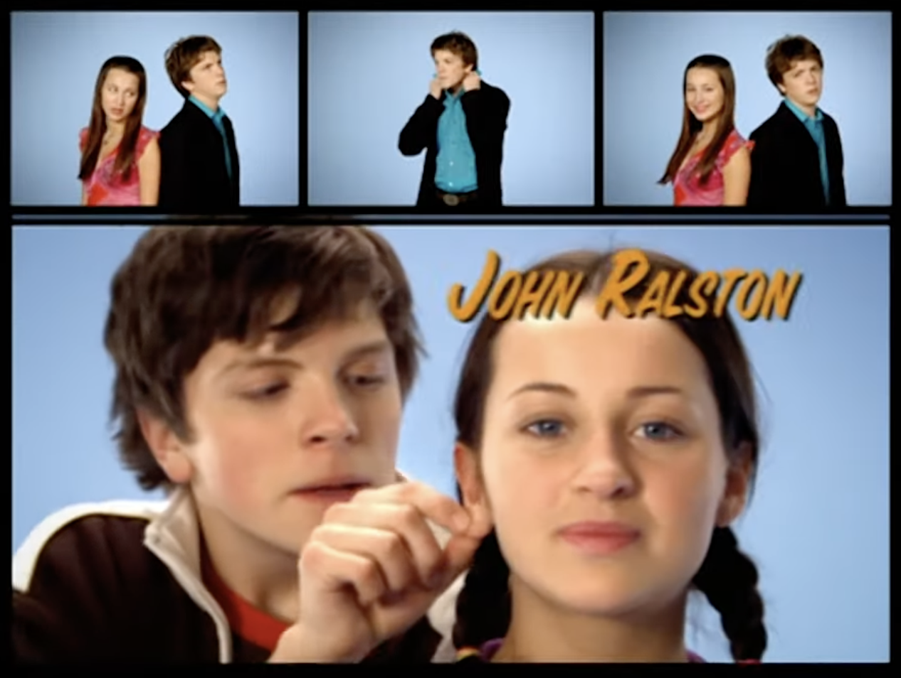 Collage of four images featuring actors, including John Ralston, with one image showing two young actors and another where one actor touches the other's earring