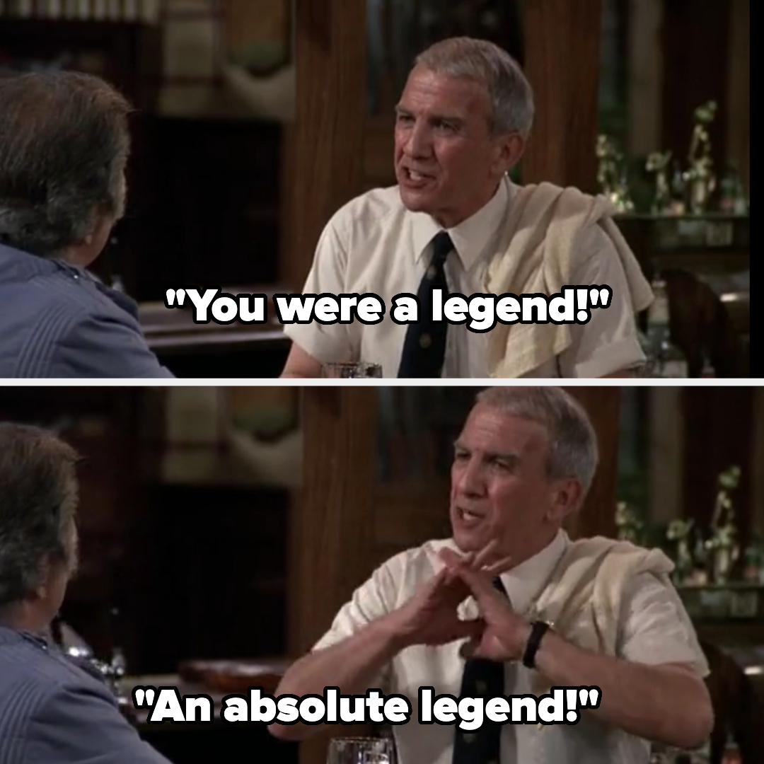 Two images show Steve Martin speaking to another person at a bar, saying, "You were a legend!" and "An absolute legend!"