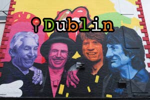 Mural of The Rolling Stones members Charlie Watts, Keith Richards, Mick Jagger, and Ronnie Wood with the word "Dublin" in bold letters above them