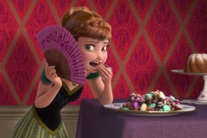 Anna from Frozen sneaks a piece of chocolate from a plate while holding a folding fan