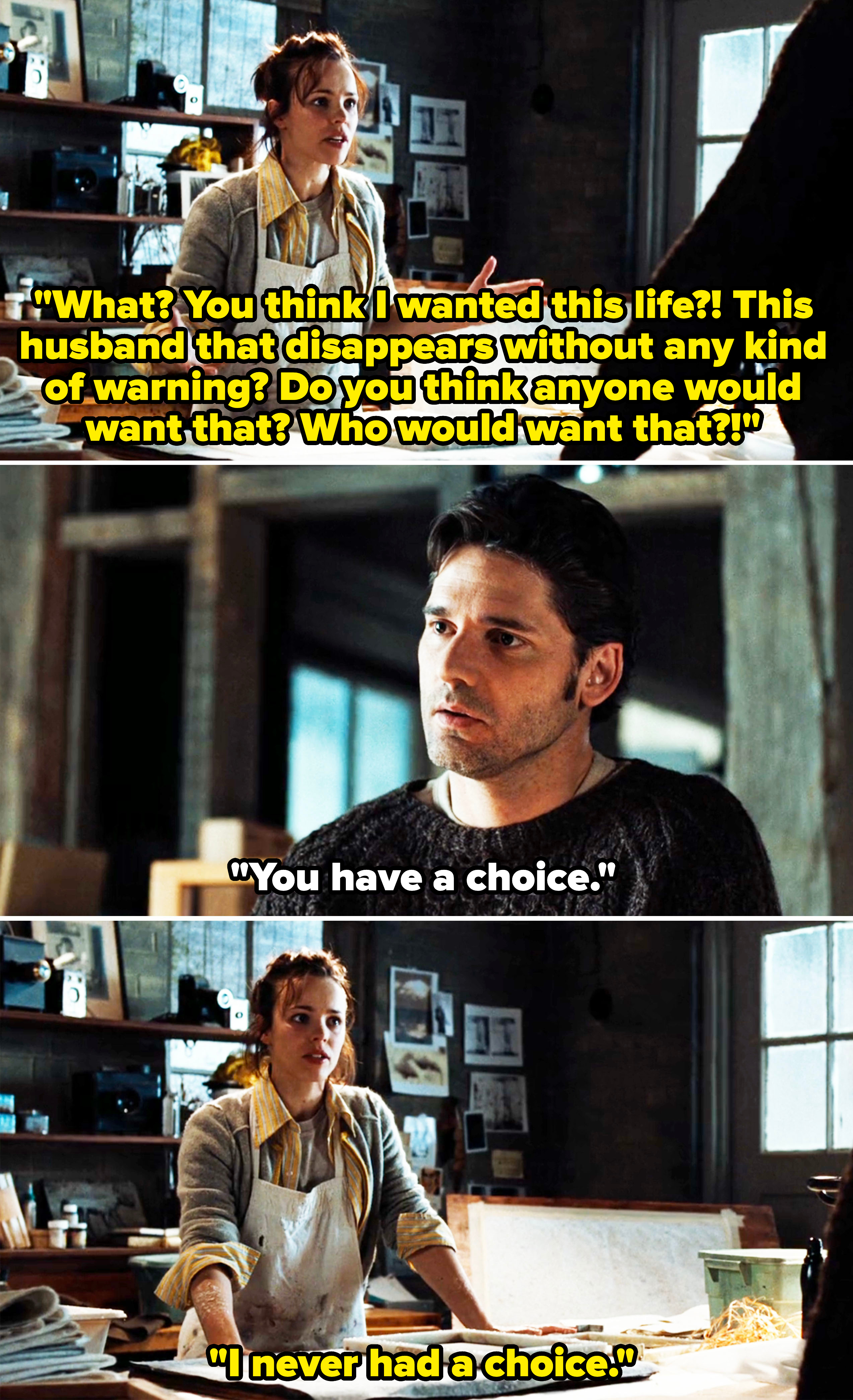 Top: Jennifer Garner in a kitchen, talking energetically. Middle: Eric Bana listening attentively. Bottom: Jennifer Garner continues speaking