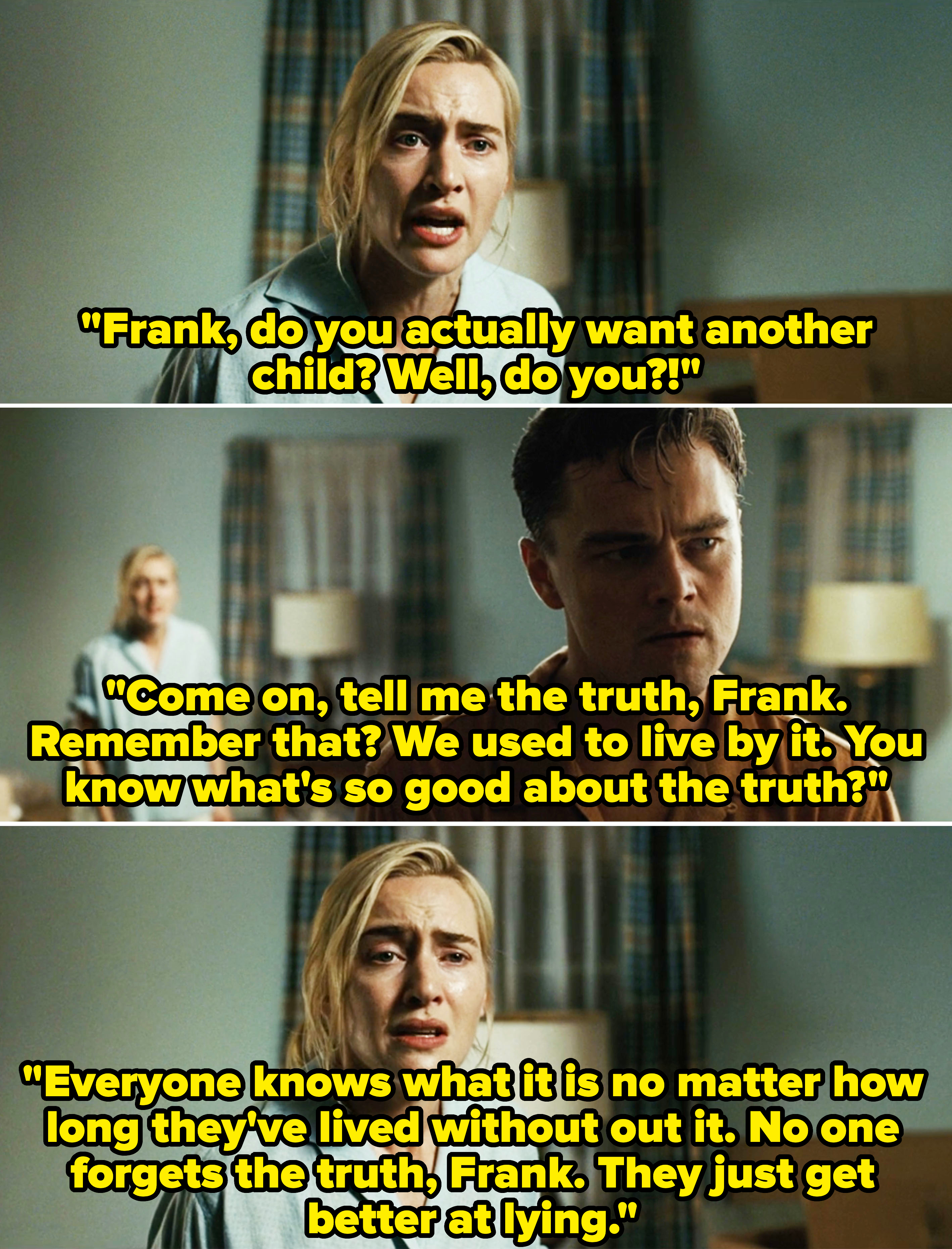 Kate Winslet and Leonardo DiCaprio in a tense scene from a movie, wearing casual clothing and standing in a dimly lit room with a bed and a window with curtains