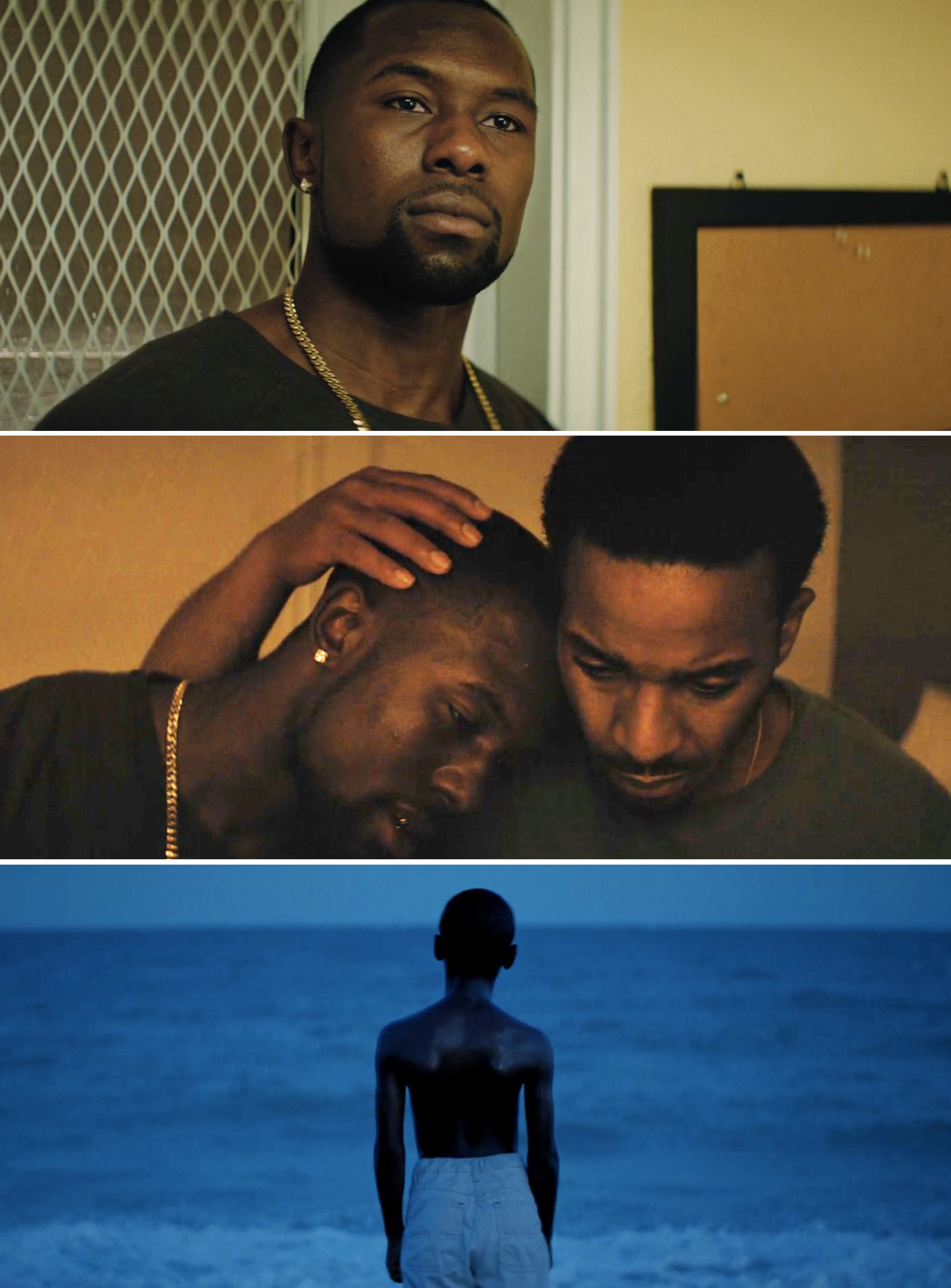 Three scenes from "Moonlight" featuring Trevante Rhodes, Andre Holland, and Ashton Sanders. First, Trevante stands alone, second, Trevante and Andre embrace, third, Ashton faces the ocean