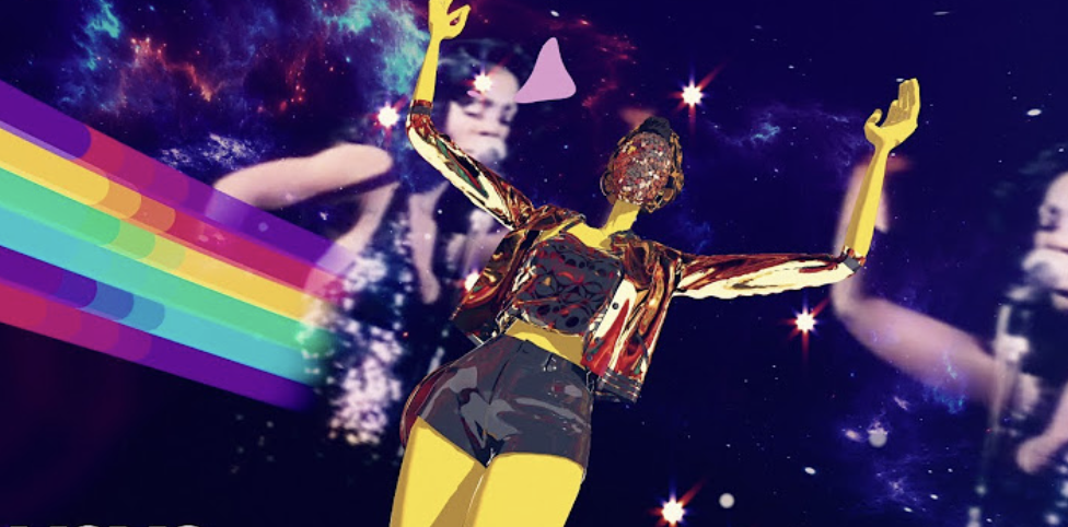 A stylized digital artwork of a person in reflective futuristic clothing, with rainbow-colored elements and psychedelic background. This image is categorized as LGBT