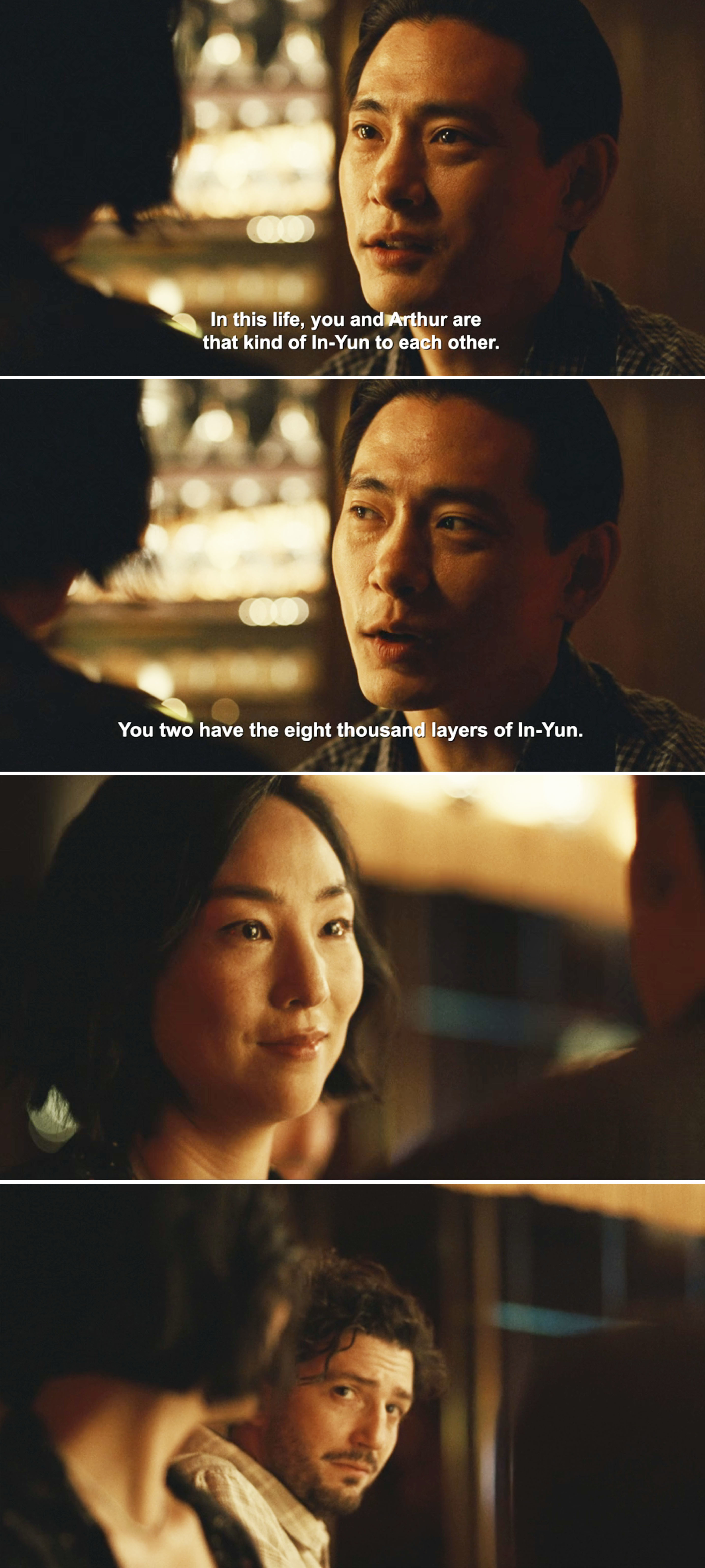 In a scene from the movie "Past Lives," characters Hae Sung (played by Yoo Teo), Nora (played by Greta Lee), and Arthur (played by John Magaro) have a heartfelt conversation about relationships