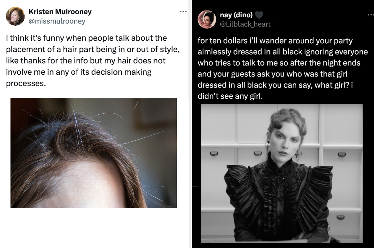 Left: Text from Kristen Mulrooney discusses how her hair does not involve her in its decision-making processes. Right: Text from nay (dino) humorously talks about attending a party in all black and being unnoticed