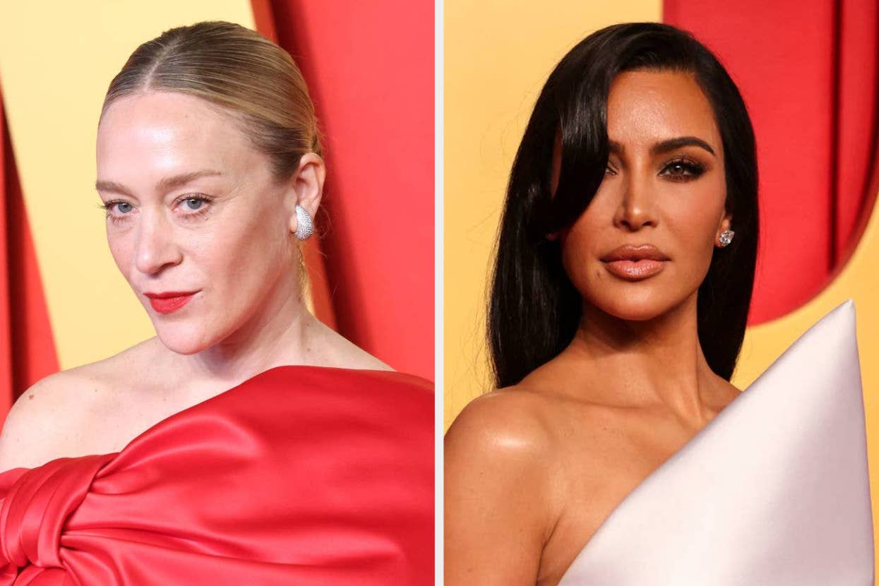Chloë Sevigny in an off-shoulder red dress and Kim Kardashian in a one-shoulder white gown at a red carpet event