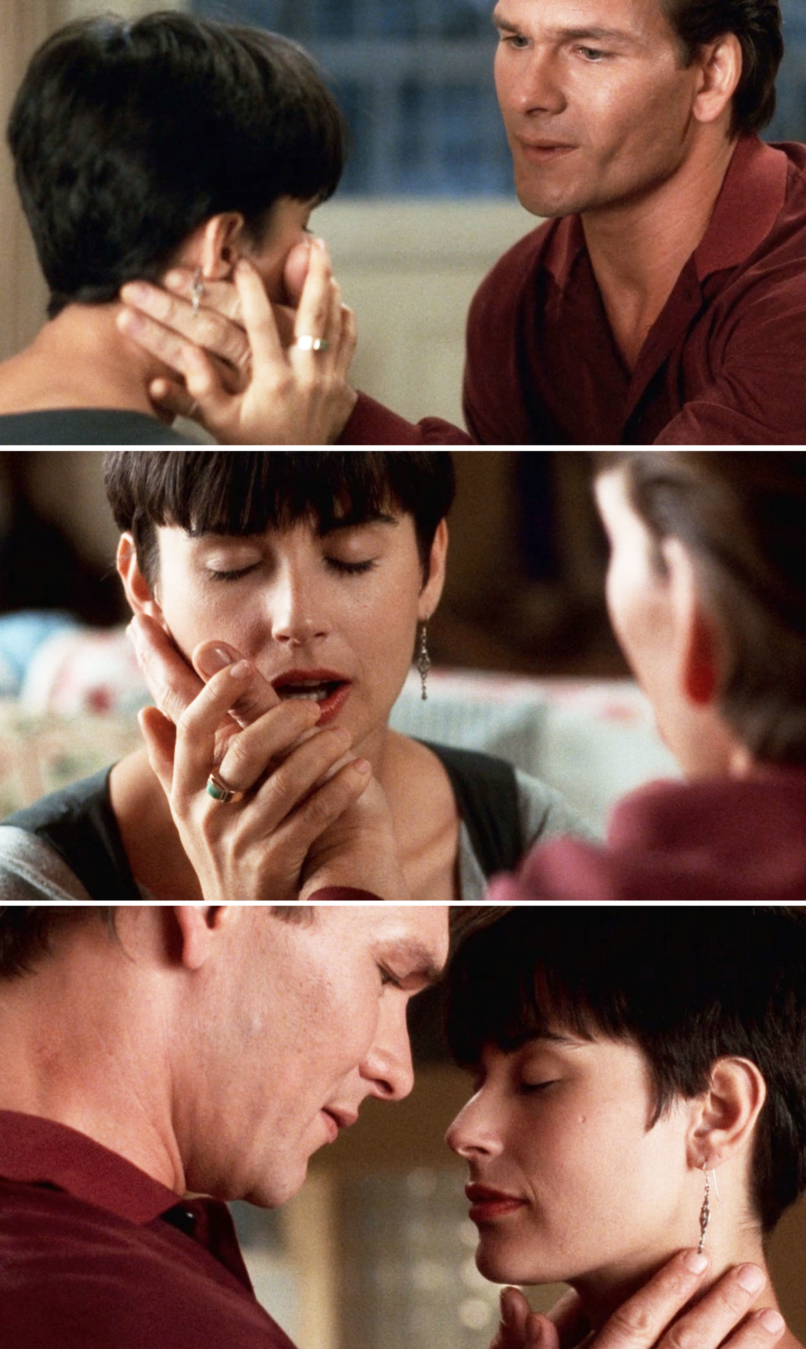 Demi Moore and Patrick Swayze sharing an intimate moment in a series of close-up scenes from the movie "Ghost," touching each other's faces tenderly