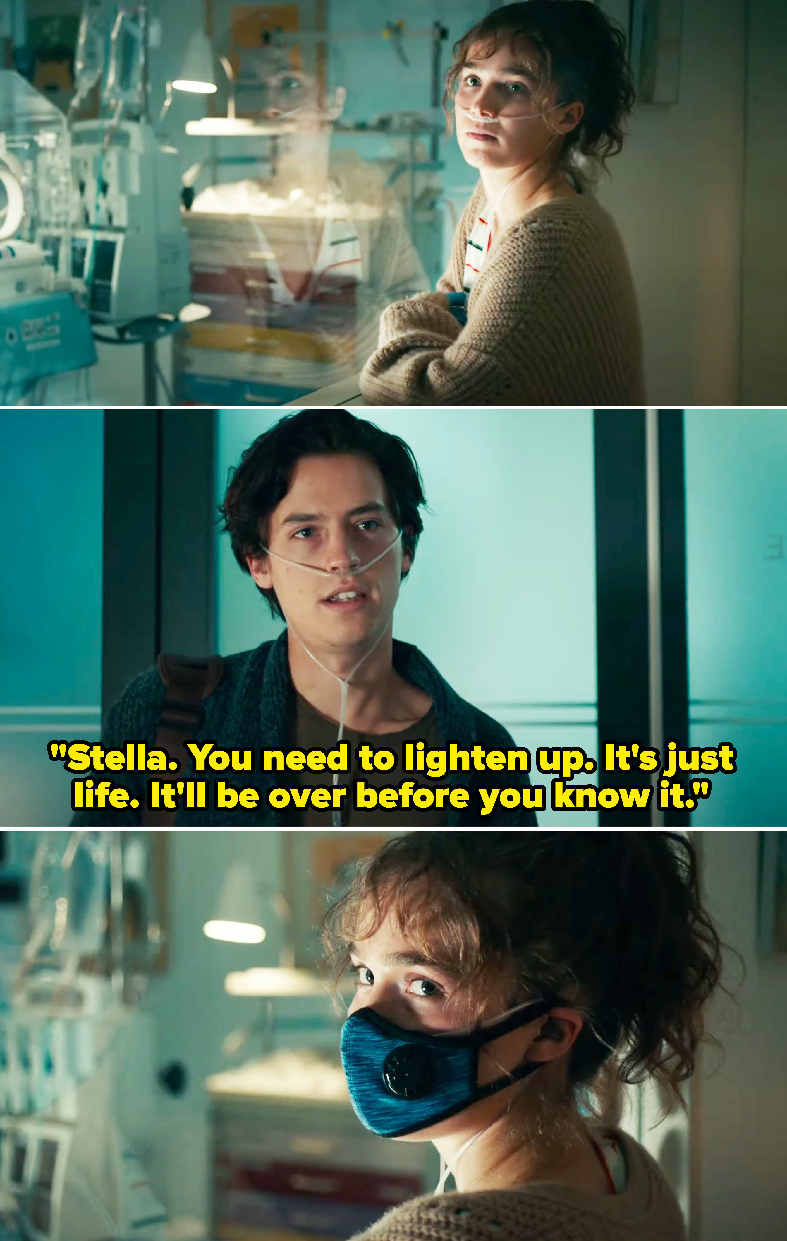Top: Haley Lu Richardson in hospital setting. Middle: Cole Sprouse standing in medical facility. Bottom: Haley Lu Richardson wearing a mask in infirmary
