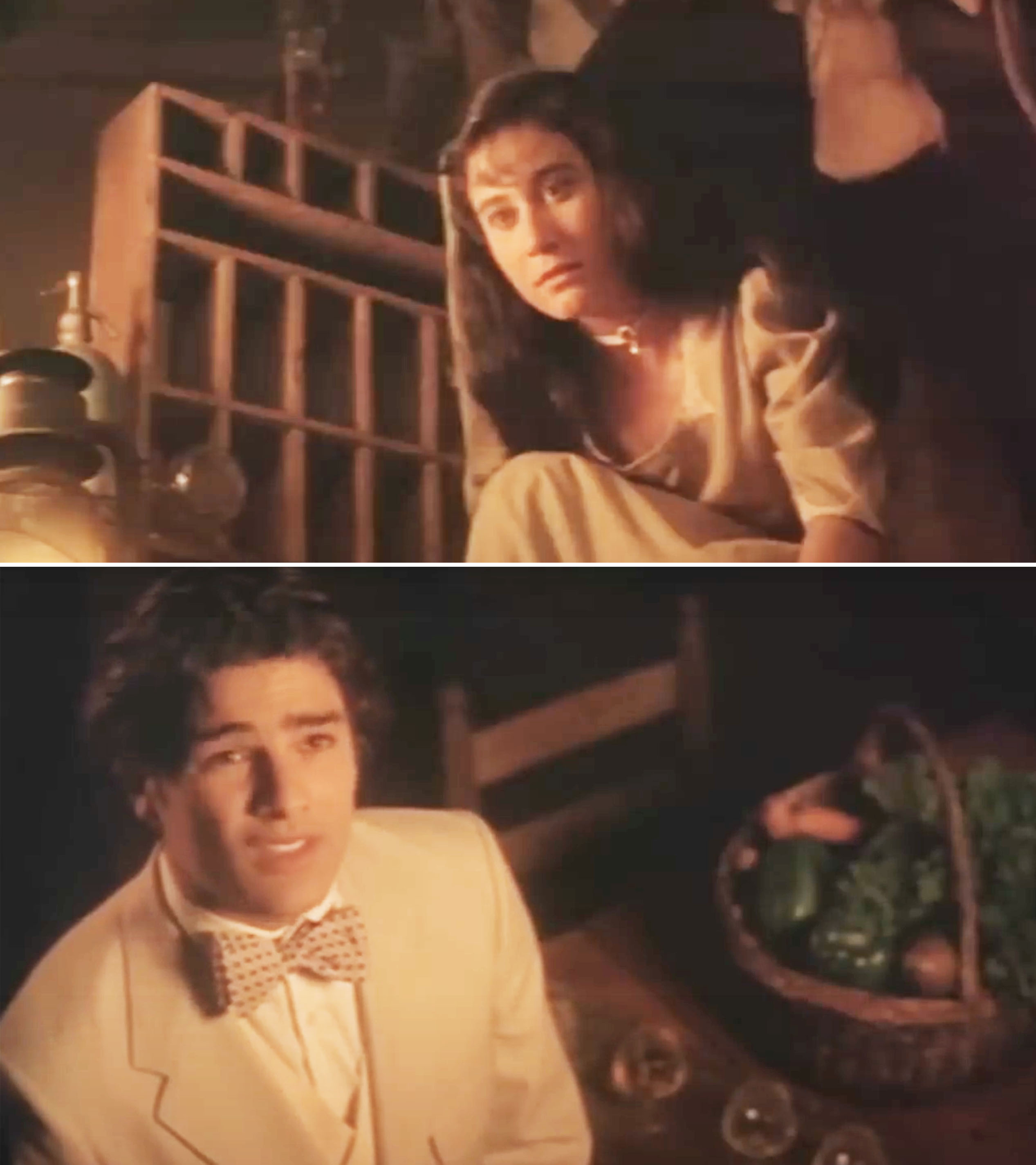 Still from scene in TV show or movie. Woman sitting on floor looking up (top), man in beige suit and bow tie looking up while standing near a basket of vegetables (bottom)