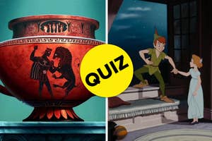 A historical vase with a Greek-style design on the left and an animated scene with Peter Pan and Wendy on the right. A yellow "QUIZ" circle in the center