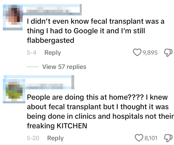 Comments under a post about Netflix's documentary on fecal transplants. Commenters express surprise and confusion about fecal transplants being done at home