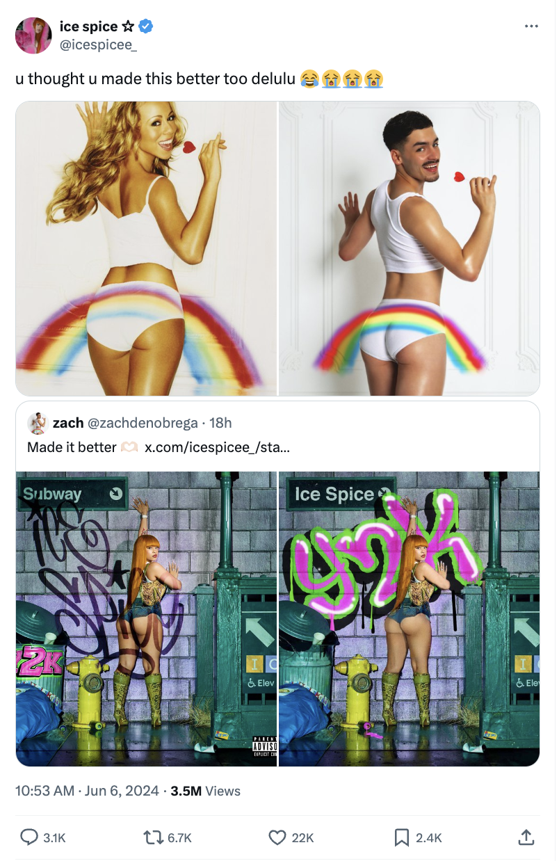 Ice Spice humorously compares her edited photo with Zach DeNobrega, featuring Mariah Carey and DeNobrega in rainbow-themed underwear posing playfully