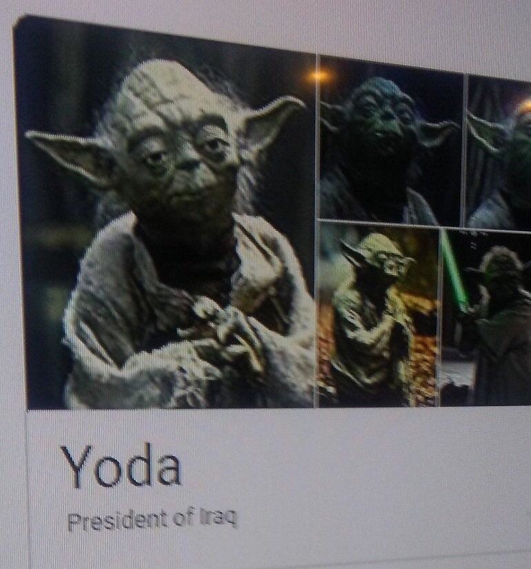 Yoda, a character from Star Wars, is humorously depicted in various poses with text incorrectly labeling him as "President of Iraq."