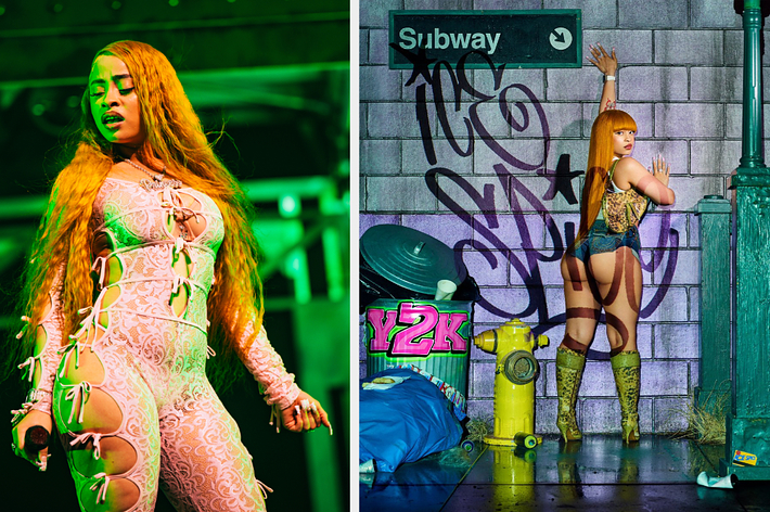 Image description: Ice Spice wearing a form-fitting, lace-up bodysuit performing on stage (left) and posing in a street setting with urban graffiti (right)