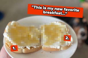 A person holds a plate with two toasted bread slices topped with cream cheese and jelly. The text above reads, "This is my new favorite breakfast..."